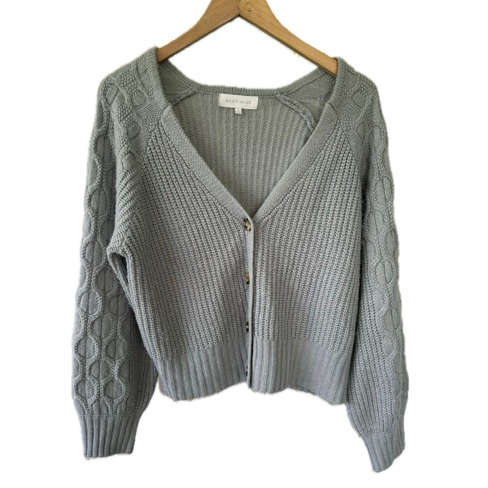 Ally Mae Gray Cable Knit Rib Stitch Button Down Balloon Long Sleeve Cardigan L